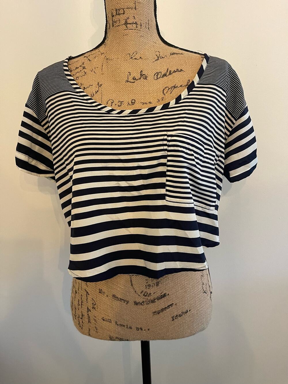 Love Couture Blue and Cream Striped Cropped Blouse Size Small